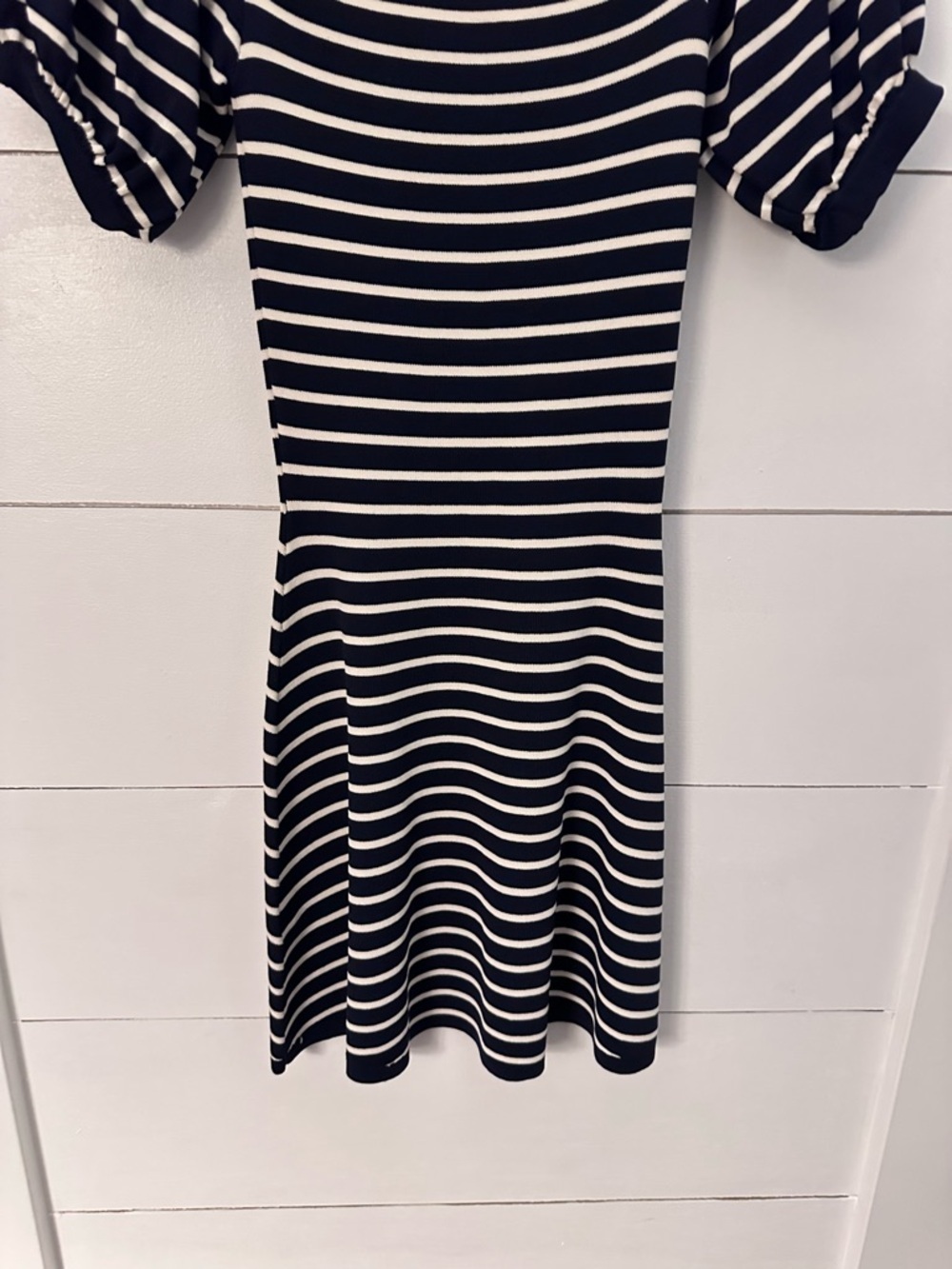 Zara S Junior puff off the shoulder sleeve navy-white stripe stretch midi dress - Picture 7 of 11